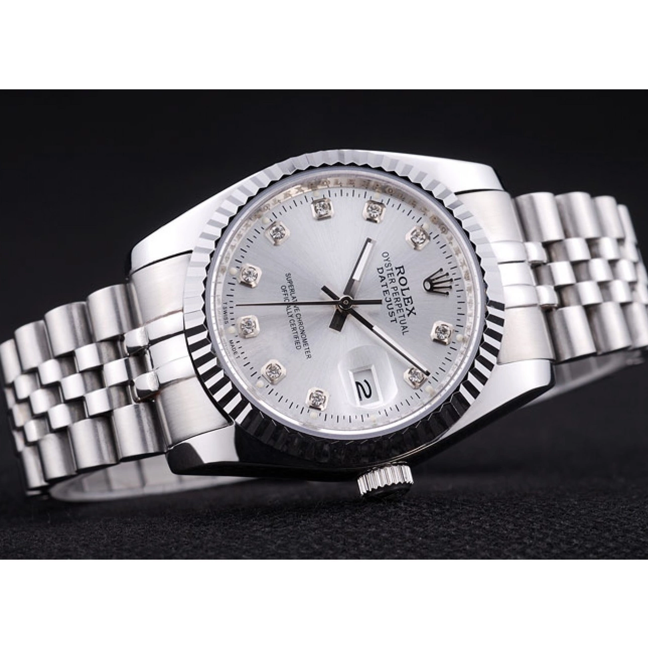 Aaa replica watch Datejust Dial 7455 Silver Rolex Diamonds Ribbed Bezel 0806